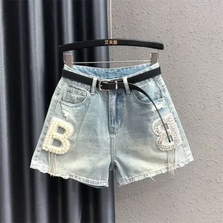 重工字母钉珠洋气高腰a字阔腿裤欧货女夏新款显瘦流苏牛仔短裤潮图片