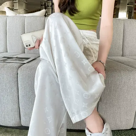 白色醋酸阔腿裤女印花夏季薄款高腰垂感窄版显瘦休闲冰丝拖地长裤商品大图