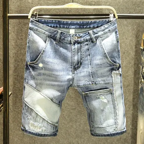 拼接多口袋短裤男潮牌破洞牛仔中裤夏季个性斜口袋韩版休闲五分裤商品大图