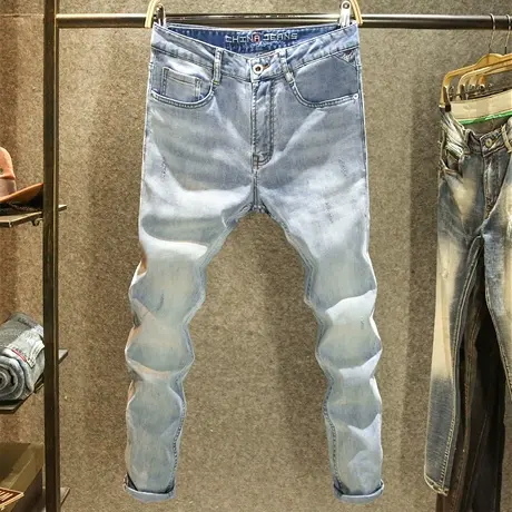 夏季时尚简约牛仔裤男款潮流韩版修身小脚裤后袋烫印百搭休闲长裤商品大图