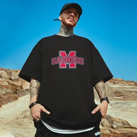 高街潮牌宽松T恤字母简约短袖男加肥加大五分袖纯棉大码男装夏季商品大图