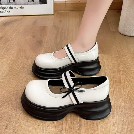 粗跟玛丽珍女鞋2023年夏季英伦风蝴蝶结单鞋厚底法式气质小皮鞋潮商品大图