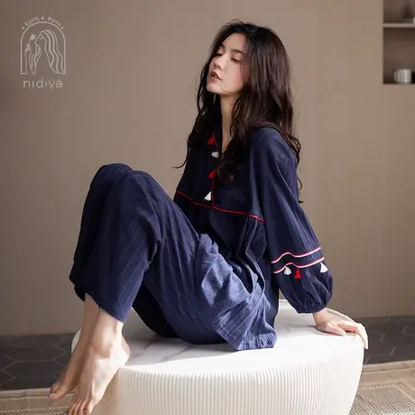 妮狄娅新款睡衣女春秋款纯棉长袖v领套头简约时尚流苏家居服套装商品大图