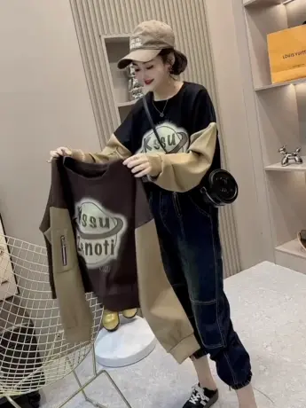 欧货春秋款胖mm大码撞色拼接卫衣女宽松圆领插肩袖时髦上衣200斤商品大图