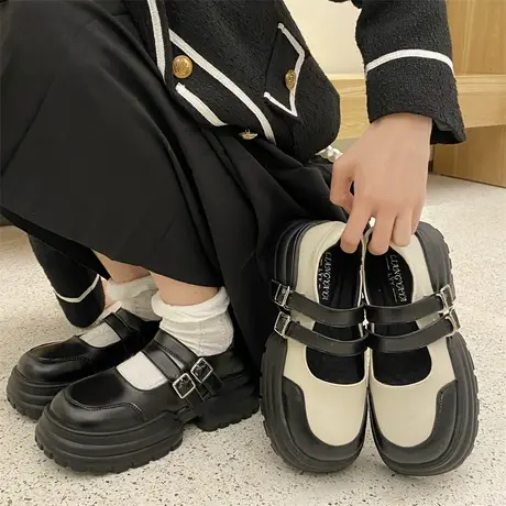 厚底乐福鞋女2024年新款复古英伦风浅口高跟单鞋粗跟玛丽珍小皮鞋商品大图