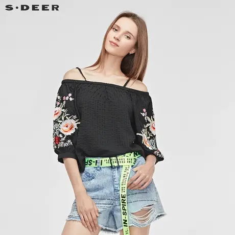 sdeer圣迪奥时尚优雅撞色绣花开衩下摆松紧收口吊带衬衫S19280464商品大图