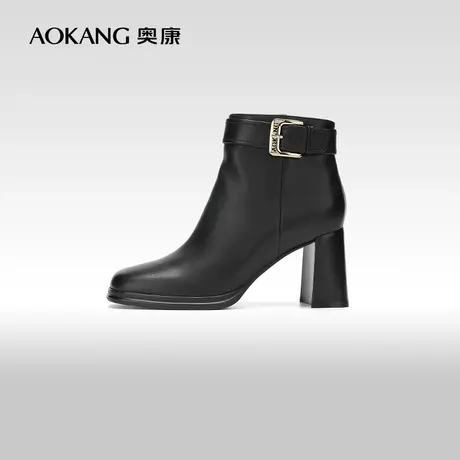 【门店发货】奥康女鞋 2023冬季新款高跟短靴瘦瘦靴粗跟切尔西靴商品大图