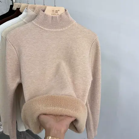 加绒加厚半高领毛衣女套头2023早春上衣保暖一体绒长袖打底衫针织商品大图