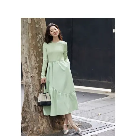 茵曼法式设计感假两件长袖连衣裙2023秋女装新款高腰A摆显瘦长裙图片
