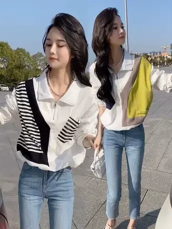 2023春夏新款设计感个性衬衫立领拼接白色女士衬衣宽松显瘦小衫潮商品大图