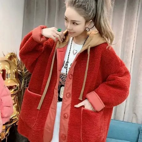 绿色连帽仿羊羔毛绒外套女小香风假两件加厚上衣冬季2023新款欧货商品大图