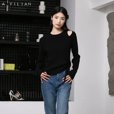 阿依莲商场同款2023新款美洋个性露肩毛织打底衫冬季女抽绳针织衫图片