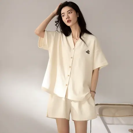 猫人莫代尔睡衣女夏天新款小熊华夫格宽松V领开衫短袖家居服套装图片