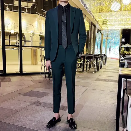 休闲墨绿色西装男外套职业通勤西服三件套修身痞帅新郎结婚礼服潮图片