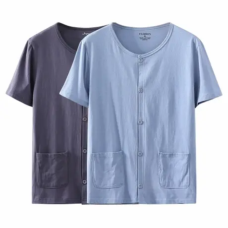 夏季男士纯棉开衫短袖背心大码宽松爸爸上衣对襟系扣爷爷打底衫薄商品大图