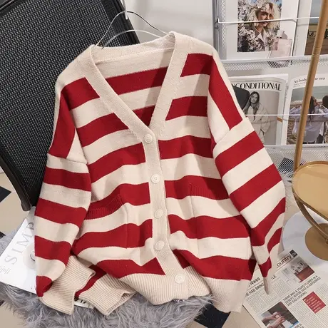 韩版宽松针织衫V领条纹女上衣2023年秋装新款洋气针织外套秋外搭图片