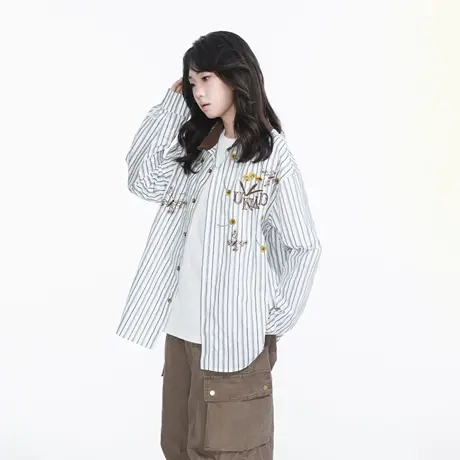 2025春装新款复古条纹刺绣衬衫美式街头风潮牌宽松情侣款长袖衬衣商品大图
