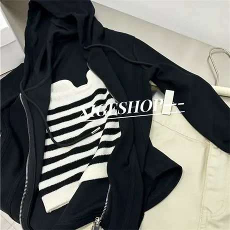 灰色鱼骨线双头拉链卫衣女春季2023新款修身显瘦休闲短款连帽上衣商品大图