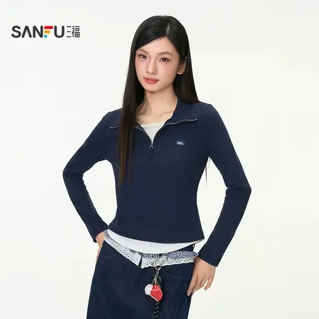 三福长T恤2025秋季刺绣拉链翻领假两件时尚上衣女装507976商品大图