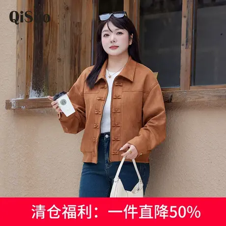 绮娑大码短款外套女秋冬新款显瘦胖mm翻领复古港风休闲夹克200斤商品大图