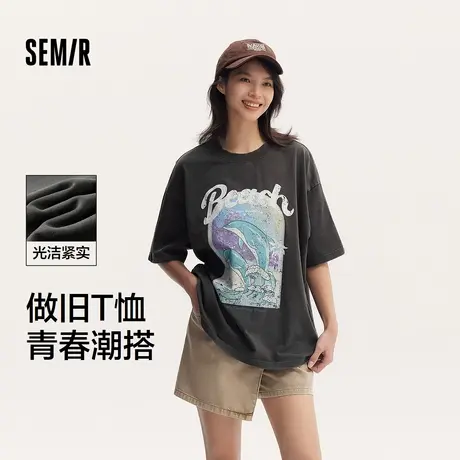 森马短袖T恤女中长款印花街头小众夏季oversize做旧衣服复古潮XY商品大图