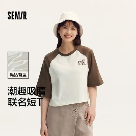 森马大力水手联名短袖T恤女短款撞色插肩袖夏季宽松图案上衣时XY图片