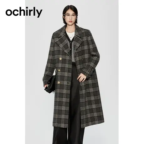 【高奢大衣】欧时力 澳洲进口羊毛双面呢格子外套女2023新款秋冬商品大图