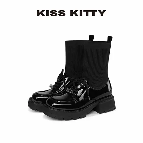 【呼呼专享】KISSKITTY弹力瘦瘦靴2025新款英伦小皮鞋黑色圆头系图片