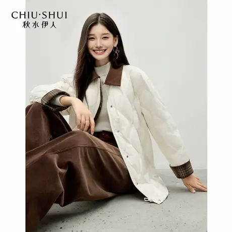【来了就好】秋水伊人宽松外套冬气质通勤袖口格子拼接羽绒服图片