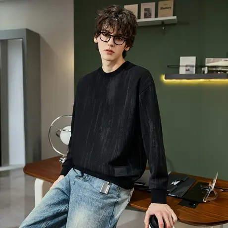 唐狮春秋男士圆领卫衣仿皮标肌理面料设计高级感慵懒宽松休闲TMTA图片