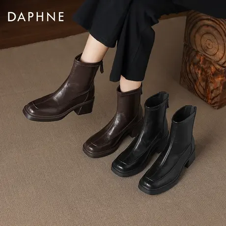 达芙妮粗跟短靴女2025新款秋冬方头马丁靴高跟棕色切尔西靴女鞋子商品大图