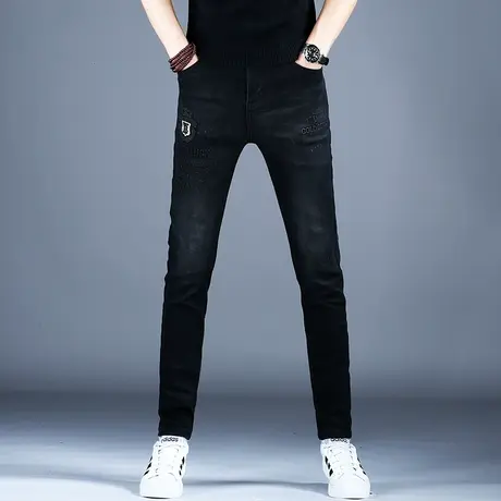 秋款高端黑色刺绣牛仔裤男2023新款男士美式高街裤子潮流小脚修身商品大图