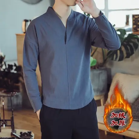秋冬季长袖T恤男加绒加厚纯色简约大码保暖上衣服休闲打底衫男装商品大图