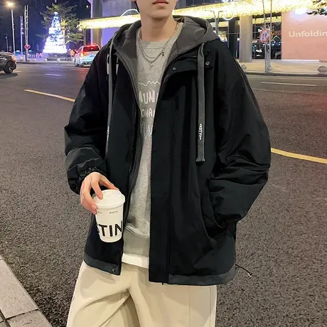 假两件连帽外套男款春秋季青少年潮牌痞帅夹克初中高中学生冲锋衣商品大图