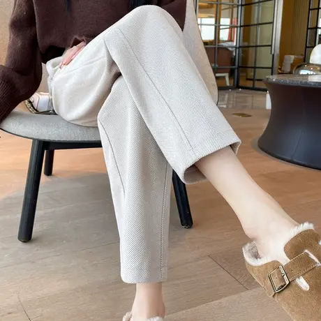 直筒毛呢裤女秋冬加厚九分高腰垂感显瘦小个子宽松休闲哈伦烟管裤商品大图