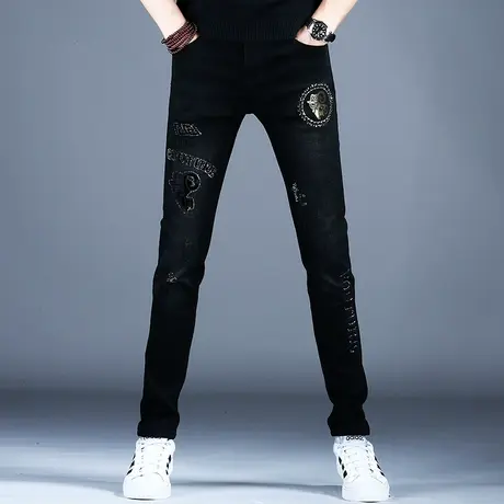 秋款烫钻黑色牛仔裤男款美式高街小脚修身花裤子男士新款潮流轻奢商品大图