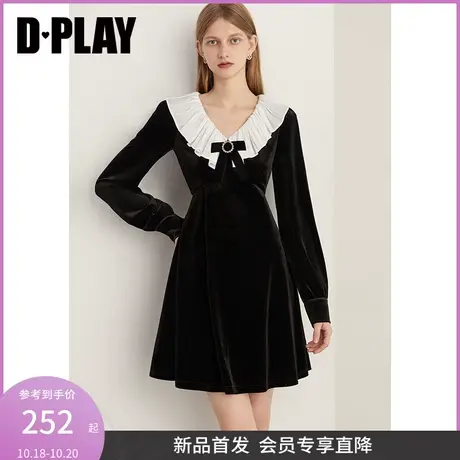 DPLAY2023新法式垂坠感蝴蝶结丝绒裙小黑裙小礼服黑色丝绒连衣裙图片