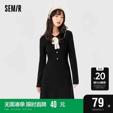 森马连衣裙女长袖韩版2022冬季新款甜美蝴蝶结修身撞色针织裙优雅商品大图