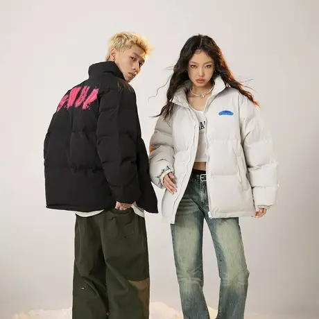 复古字母印花立领棉服女加厚冬季外套2023新款情侣宽松面包服棉衣商品大图