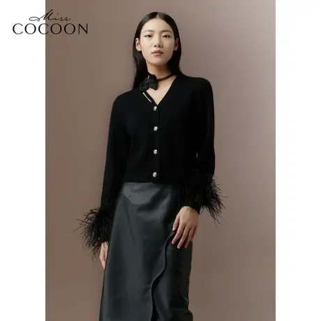 COCOON商场同款2023秋冬新款100%绵羊毛黑色针织开衫商品大图