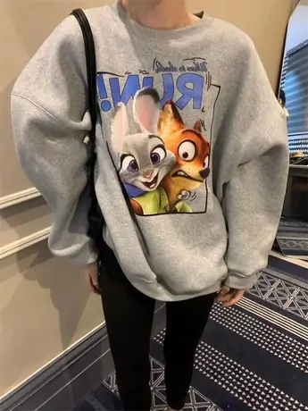 韩国东大门2023秋冬新款灰色卡通印花套头宽松慵懒风加绒加厚卫衣商品大图