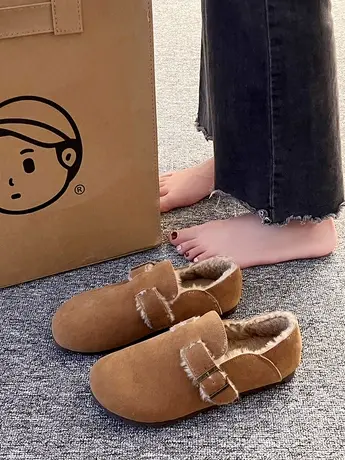 加绒保暖勃肯鞋女2023新款秋冬季复古一脚蹬豆豆鞋软底毛毛鞋棉鞋商品大图