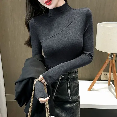 紧身保暖衣女加绒加厚半高领打底衫长袖t恤秋冬洋气内搭磨毛上衣图片