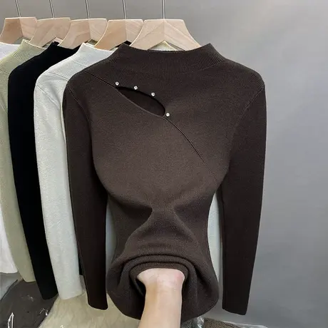 半高领毛衣女钉珠打底衫2023秋冬新款套头镂空针织衫洋气内搭上衣商品大图