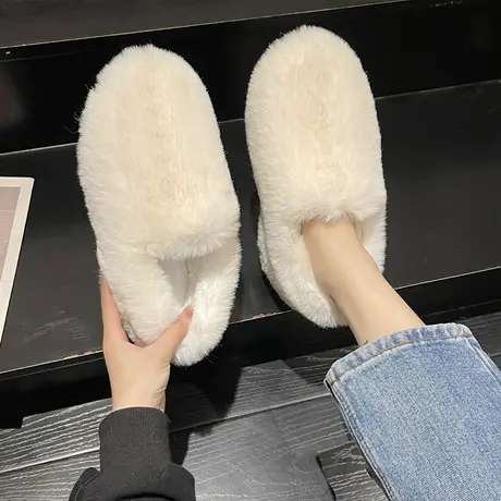 加绒保暖平底毛毛鞋女冬外穿2022新款厚底羊羔毛一脚蹬豆豆棉瓢鞋商品大图