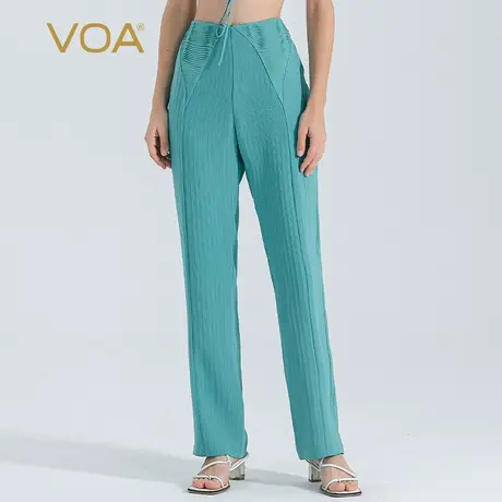 VOA41姆米条纹重磅桑蚕丝拼接乔其丝绸塔克褶自然腰侧口袋直筒裤商品大图