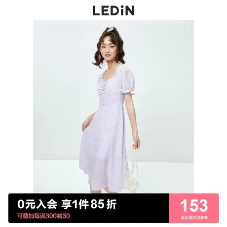 乐町气质碎花连衣裙春夏女装仙淡紫色收腰长款雪纺裙子图片