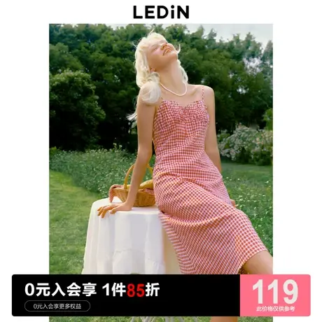 乐町甜美吊带连衣裙女2023年夏季新款红格纹长裙设计感内搭连衣裙商品大图