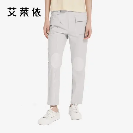 艾莱依休闲裤女早秋新款米色直筒小个子工装贴布简约通勤九分裤子商品大图