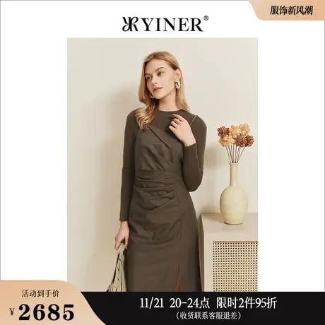 YINER音儿女装秋季法式长袖假两件开叉羊毛连衣裙图片